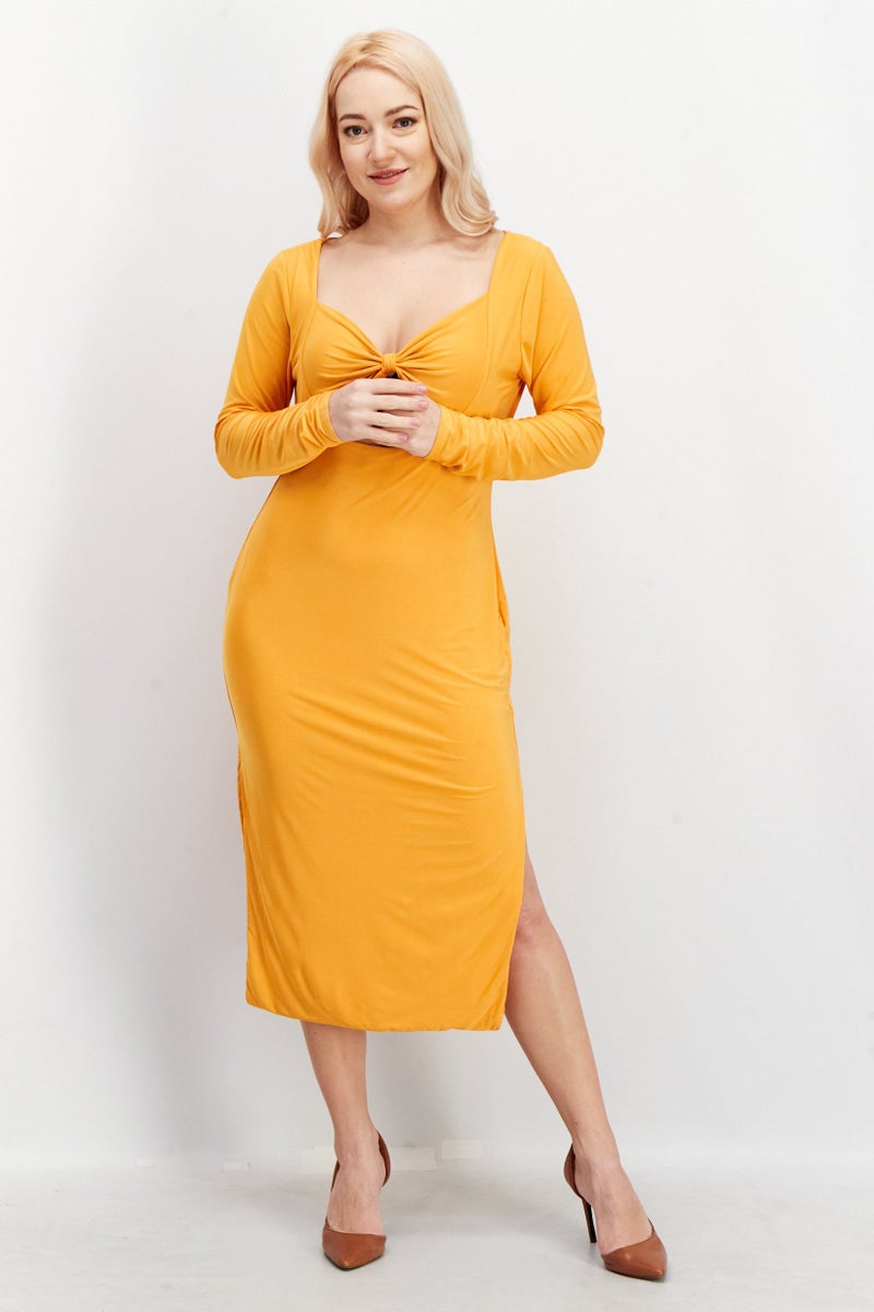 I SAW IT FIRST Women Keyhole Neck Long Sleeve Plain Midi Dress, Orange - Image 1